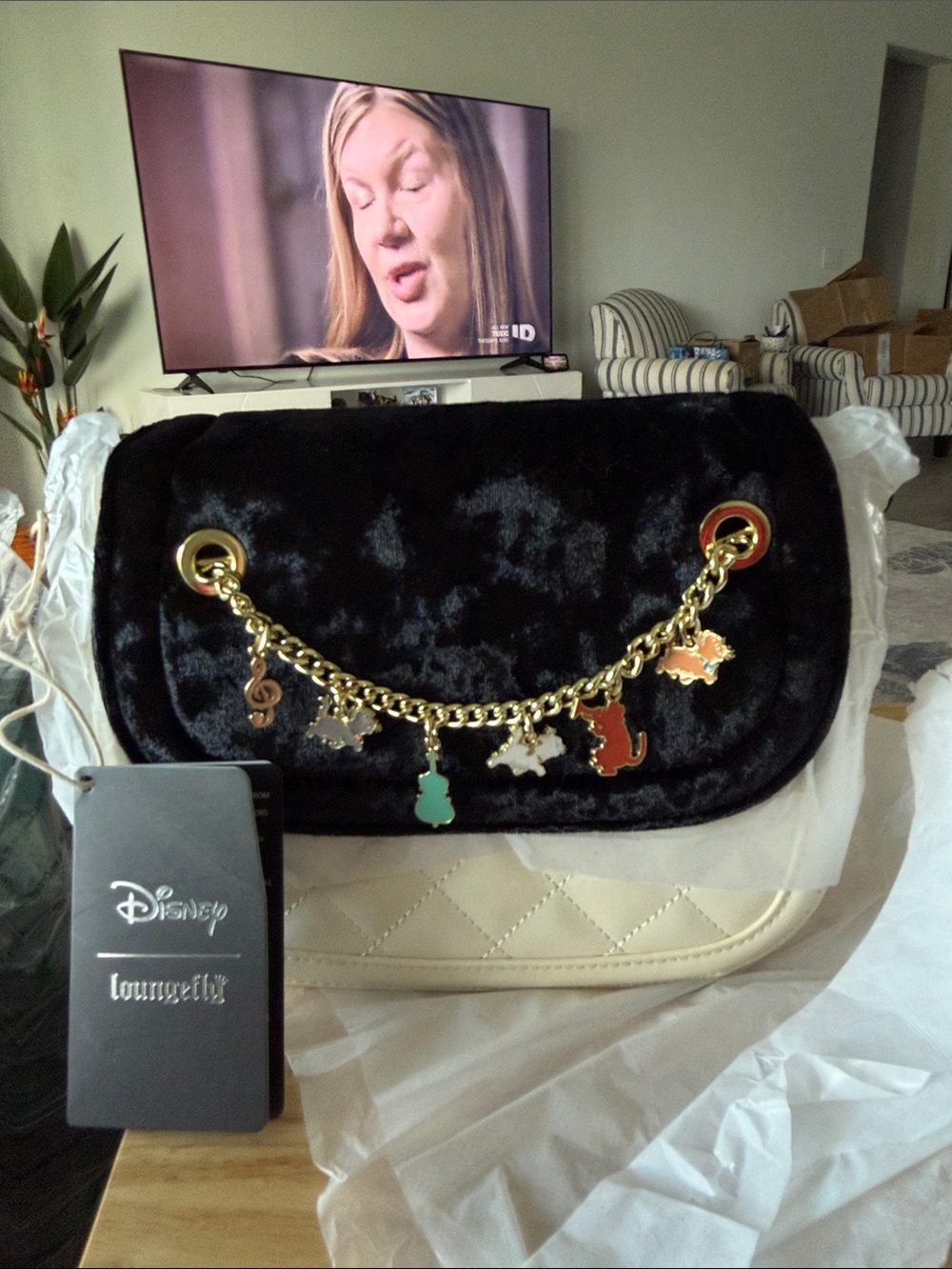 Loungefly Black Plush Charm Shoulder Bag with Gold Chain